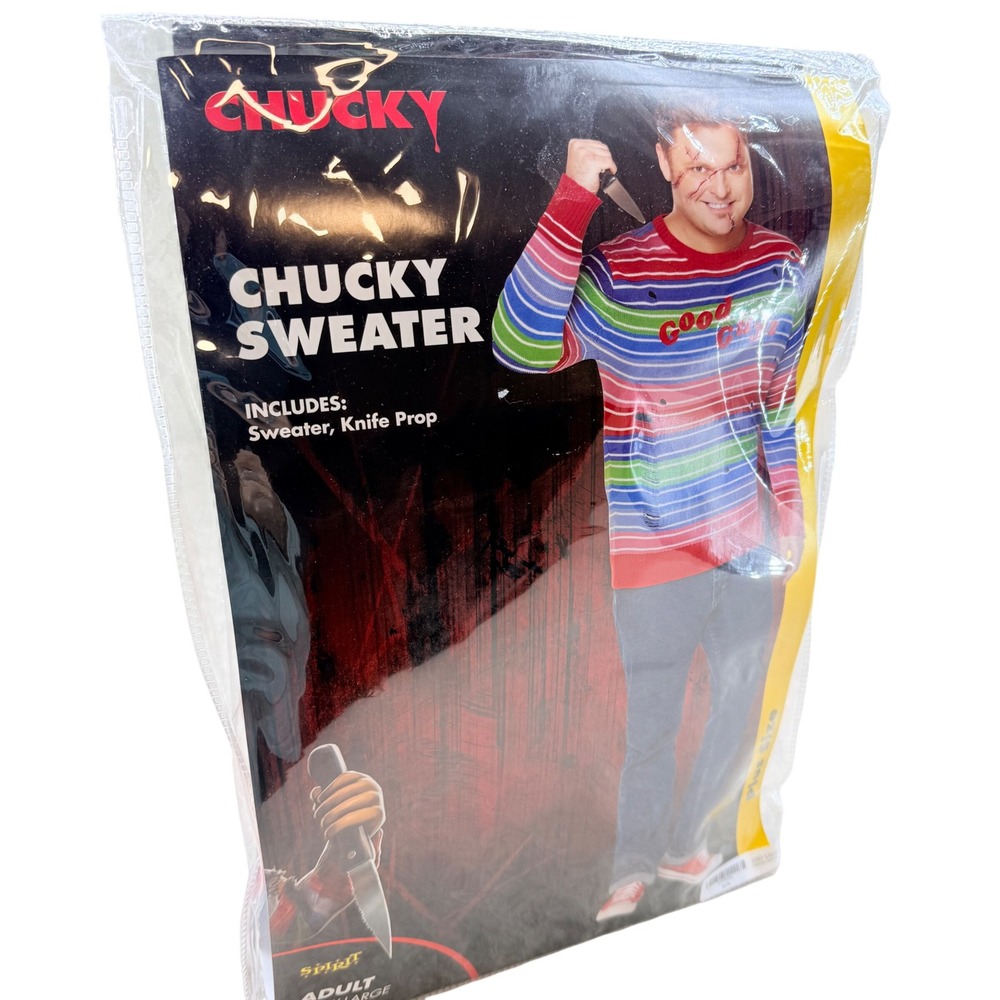 Spirit Halloween Chucky Costume Sweater Adult XXL Plus Size with Knife Prop New